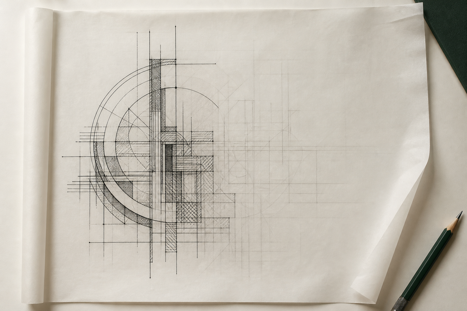 A technical drawing on tracing paper, finished in ink on the left and still pencil on the right
